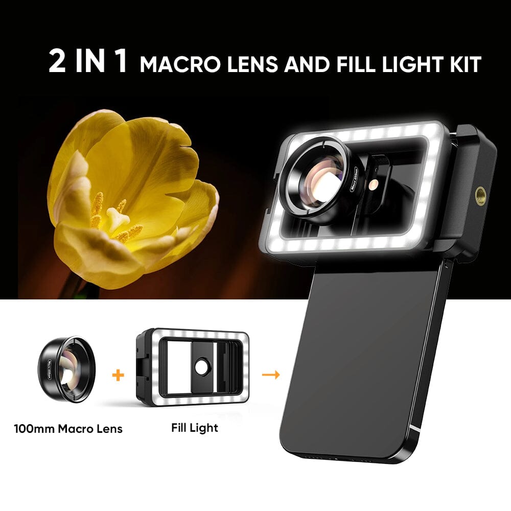 New 3 in 1 Mobile Phone Lens Clip and 100mm Macro Lens Kit with Fill Light APEXEL 