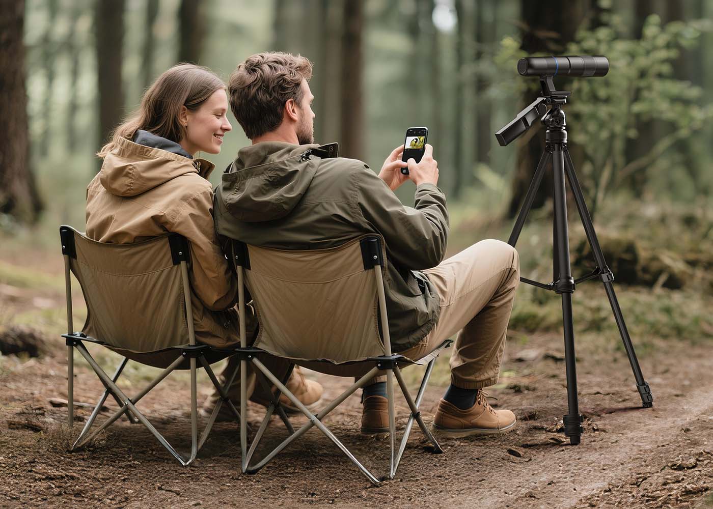Two people sitting in chairs in a forest, using a smartphone with a camera on a tripod.