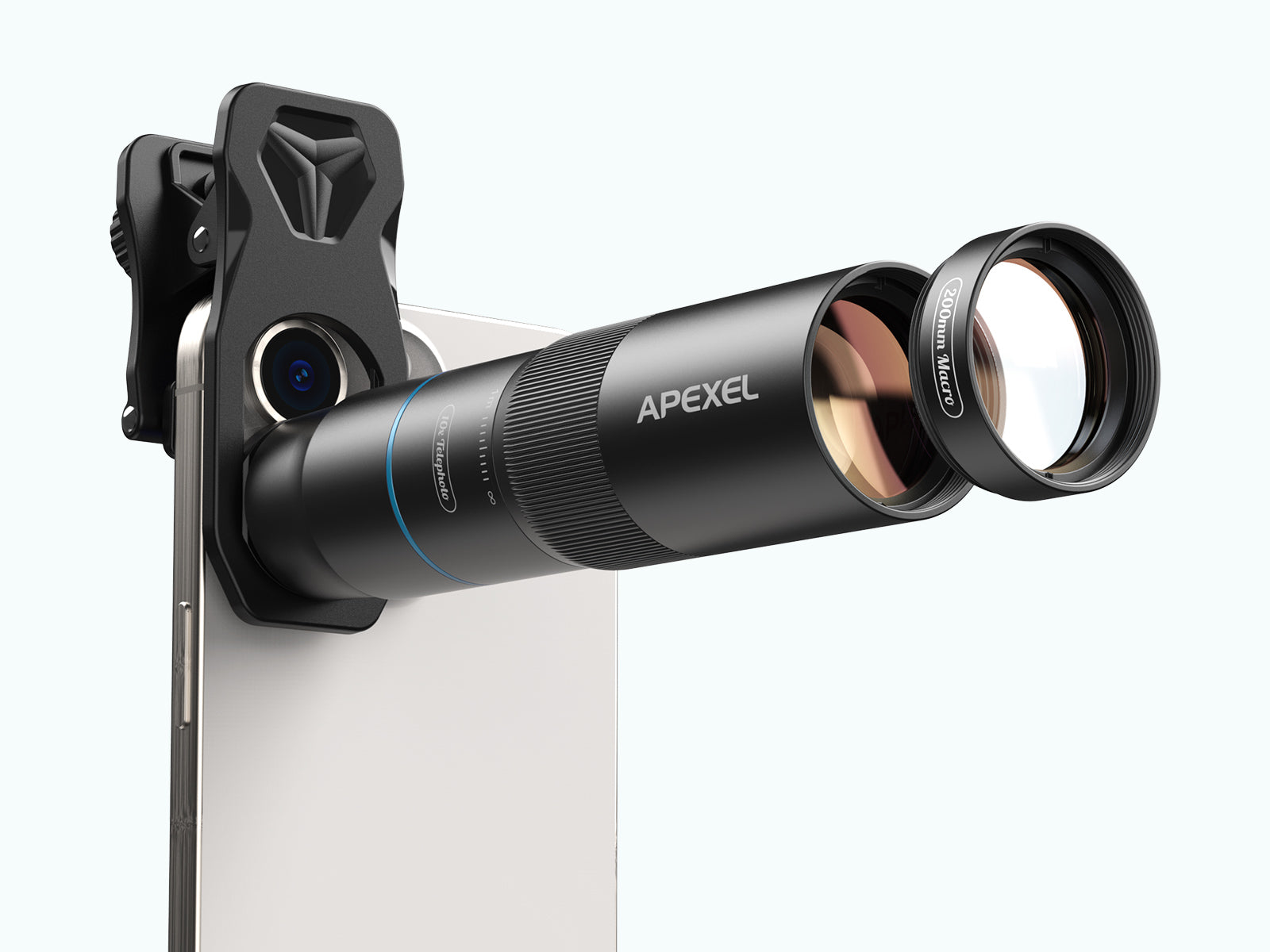 Apexel phone camera lens attachment on a smartphone