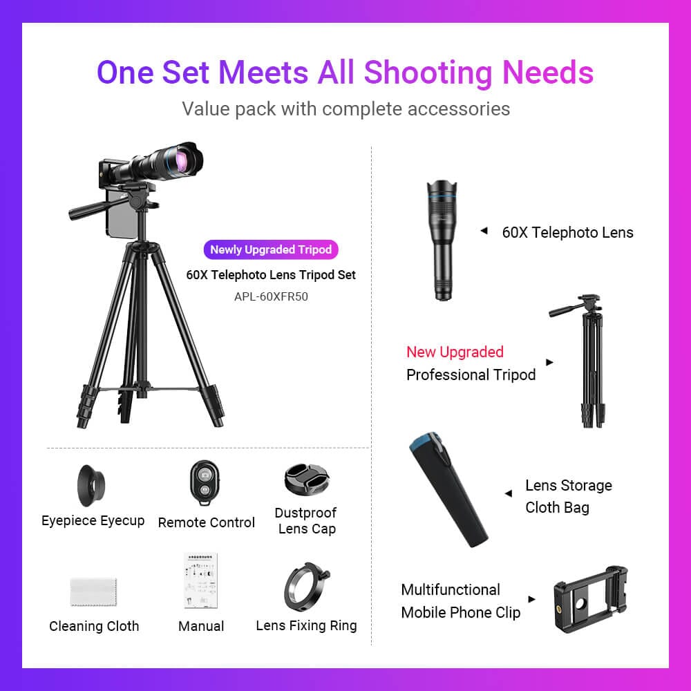 New Upgrade 60X Phone Telephoto Lens Kit Mobile Photography Accessories APEXEL