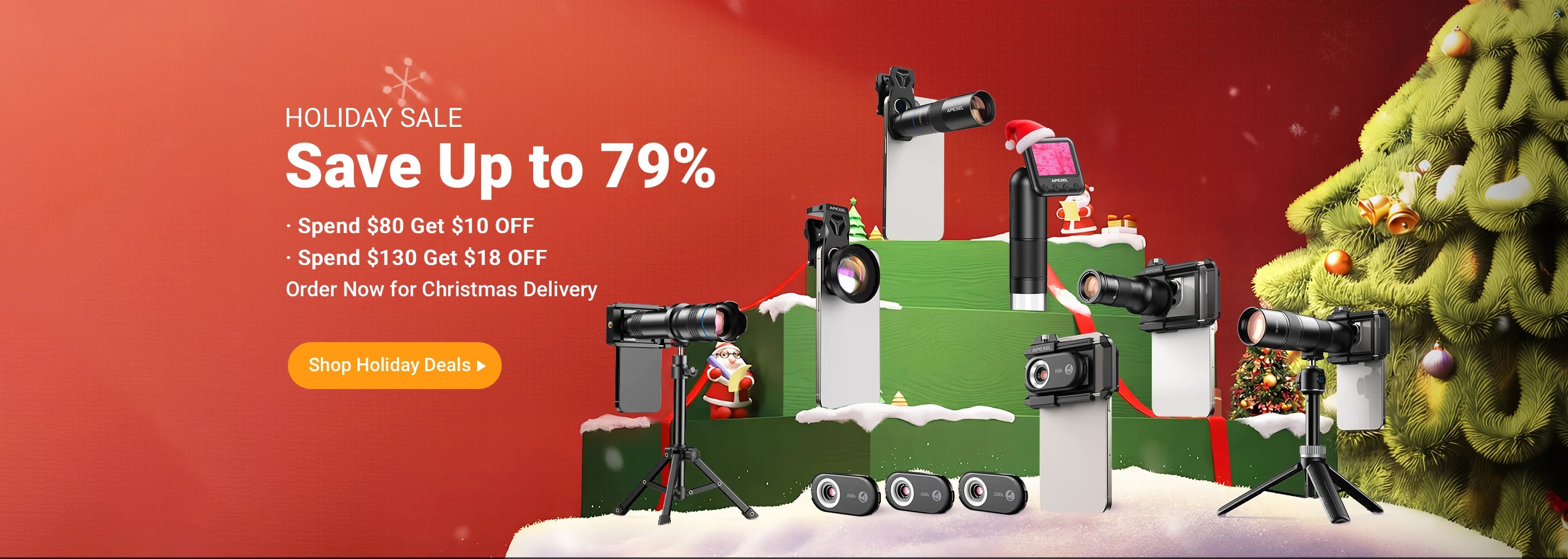 Holiday sale advertisement with cameras and a Christmas tree on a red background APEXEL