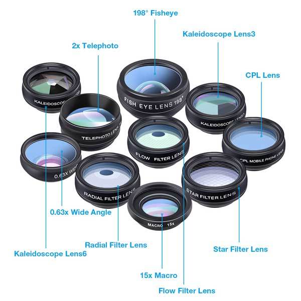 10 in 1 Phone Lens Kits Telephoto Fisheye Wide Angle Macro Kaleidoscope Star Radial CPL Flow Filter APEXEL 