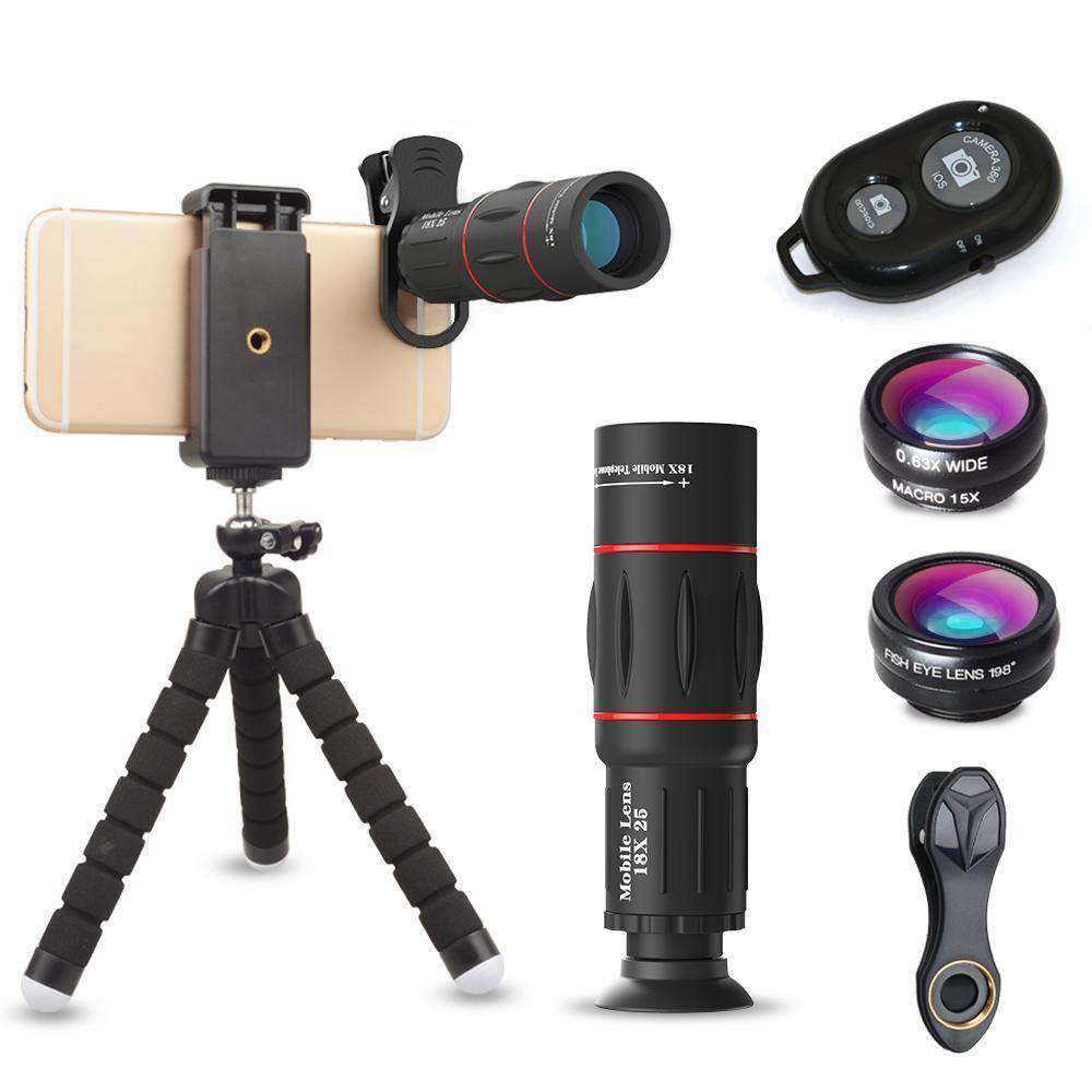 18X Telescope Fisheye Wide Angle Macro 4in1 Lens Kit with Tripod Clip for Phone APEXEL
