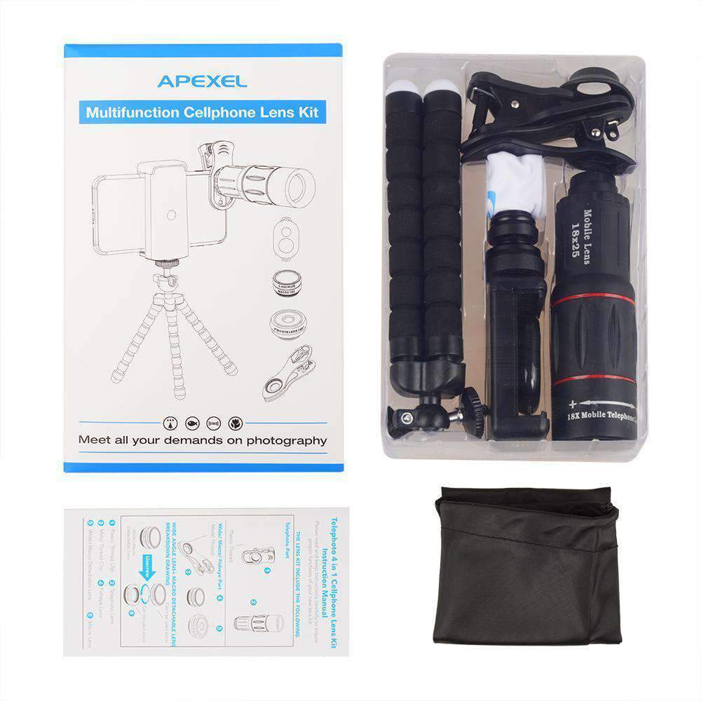 18X Telescope Fisheye Wide Angle Macro 4in1 Lens Kit with Tripod Clip for Phone APEXEL