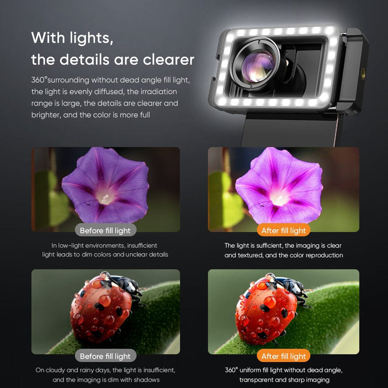 New 3 in 1 Mobile Phone Lens Clip and 100mm Macro Lens Kit with Fill Light APEXEL 