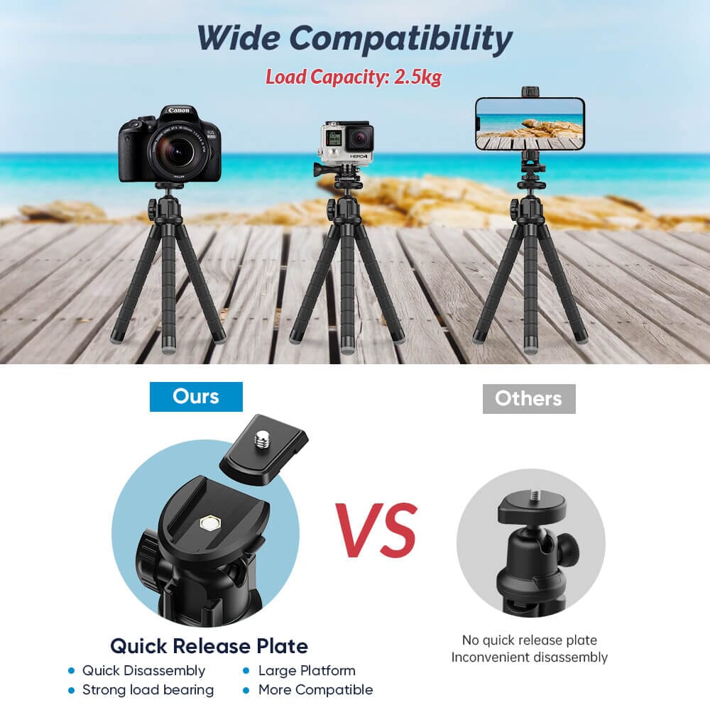 Flexible Octopus Tripod with Dual Cold Shoe Mounts and Quick Release Plate APEXEL 