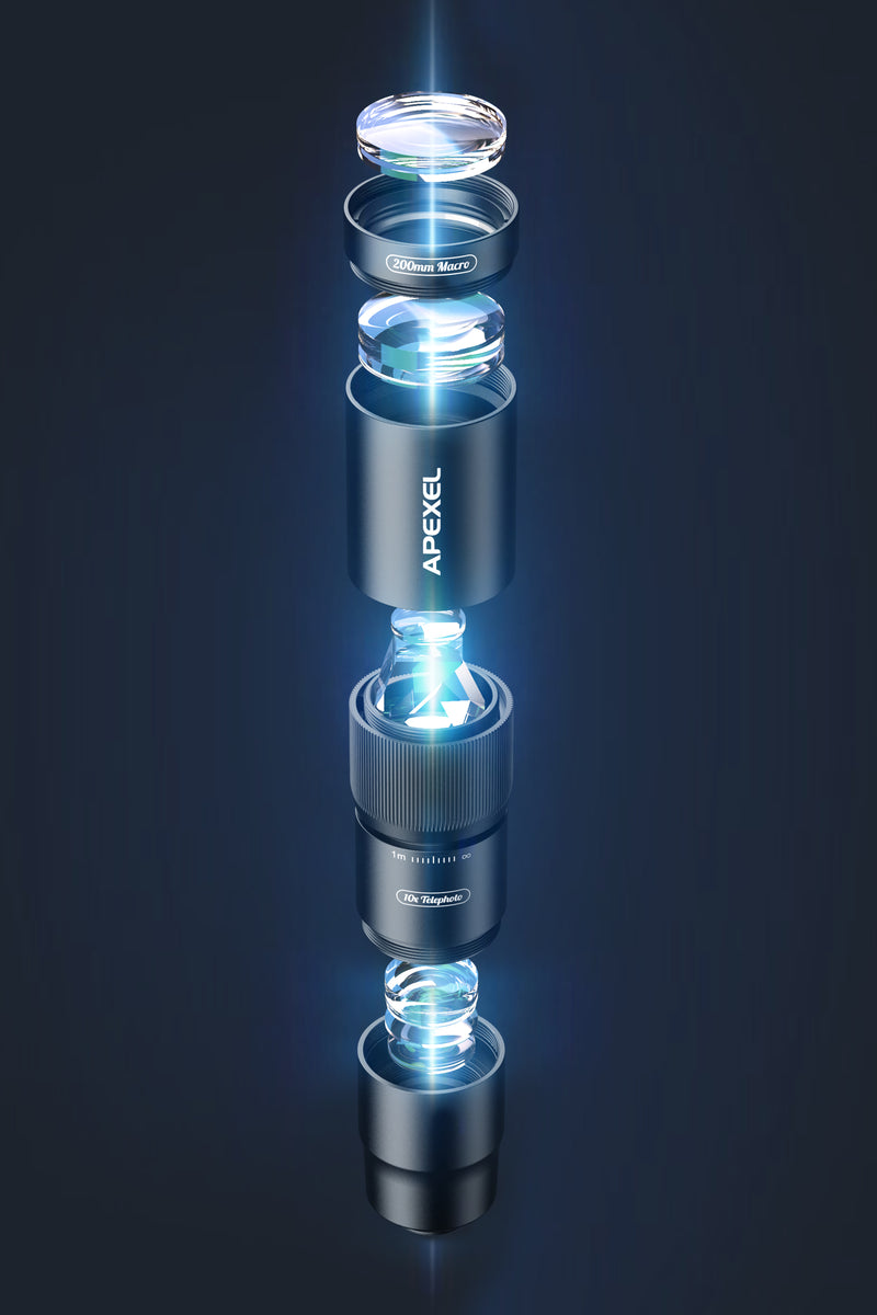 Optical components with 'APEXEL' branding on a dark background