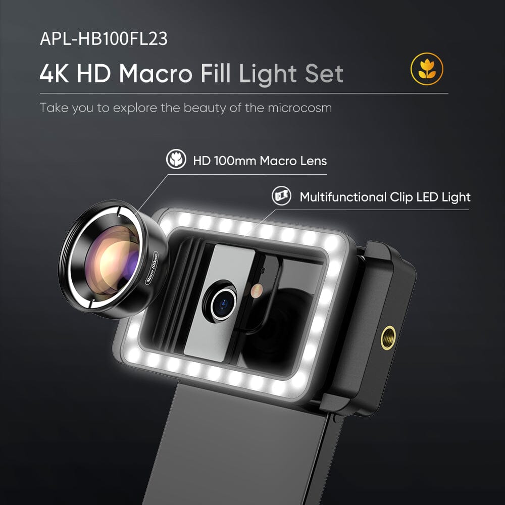 New 3 in 1 Mobile Phone Lens Clip and 100mm Macro Lens Kit with Fill Light APEXEL 