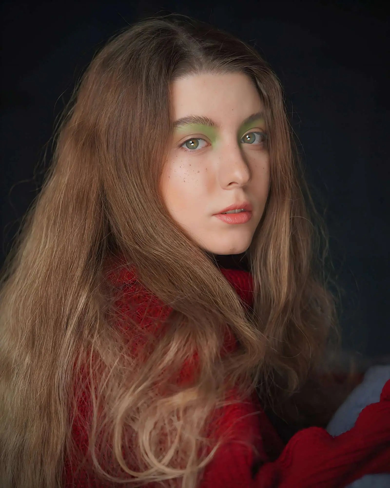 Woman with long brown hair wearing a red sweater against a dark background Shot on Samsung Galaxy S24