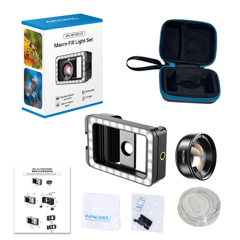 New 3 in 1 Mobile Phone Lens Clip and 100mm Macro Lens Kit with Fill Light APEXEL 