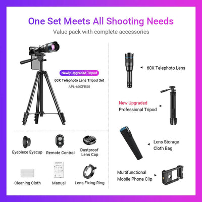 New Upgrade 60X Phone Telephoto Lens Kit Mobile Photography Accessories APEXEL 
