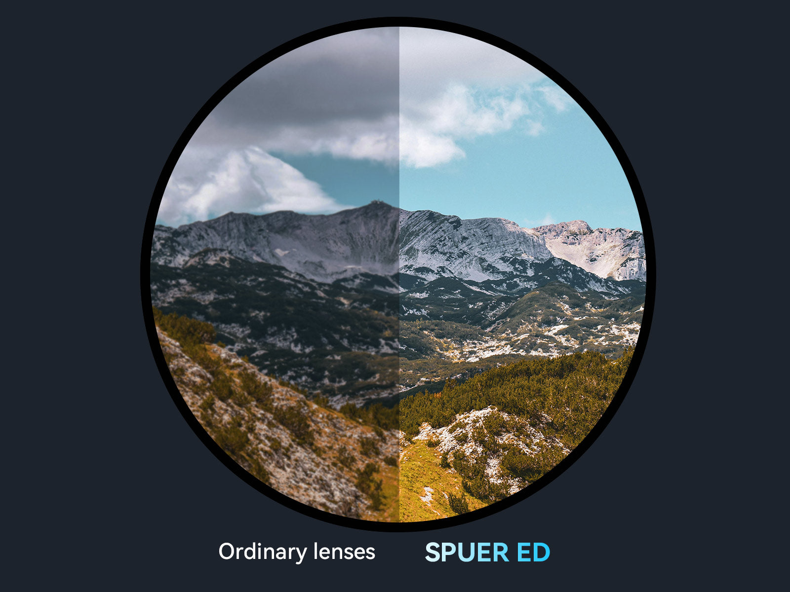 Comparison of a mountain landscape through ordinary lenses and SPUER ED lenses.