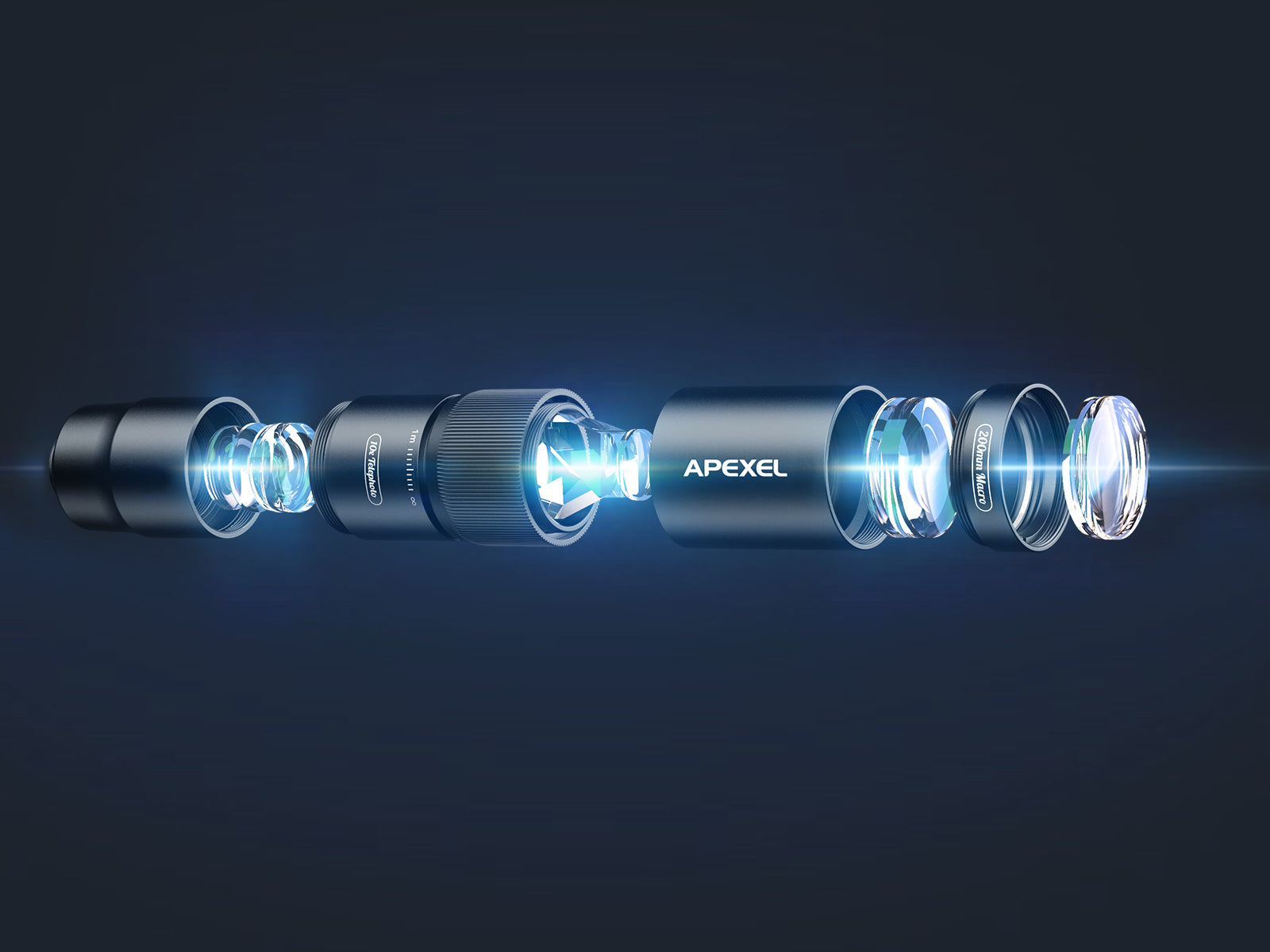 Optical lens assembly with 'APEXEL' branding on a dark background