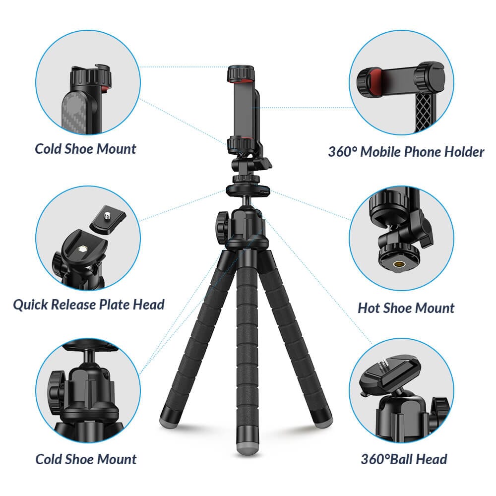 Flexible Octopus Tripod with Dual Cold Shoe Mounts and Quick Release Plate APEXEL 