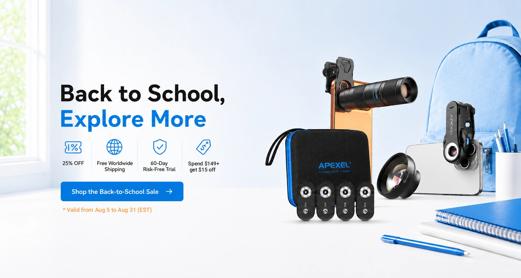 APEXEL school photography kit featuring a black and blue battery pack with four lenses, a smartphone lens mount, and a lens cover, displayed alongside promotional text 'Back to School, Explore More' and school supplies on a white desk.