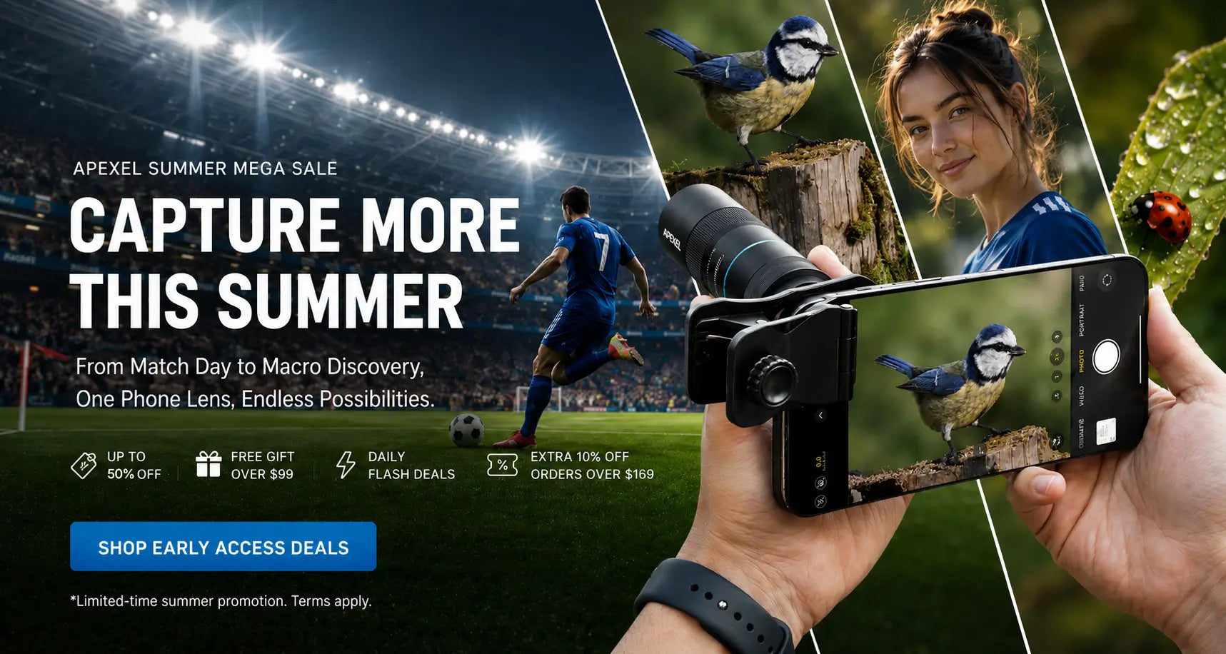 Promotional advertisement for a phone camera app with sports, nature, and lifestyle scenes.