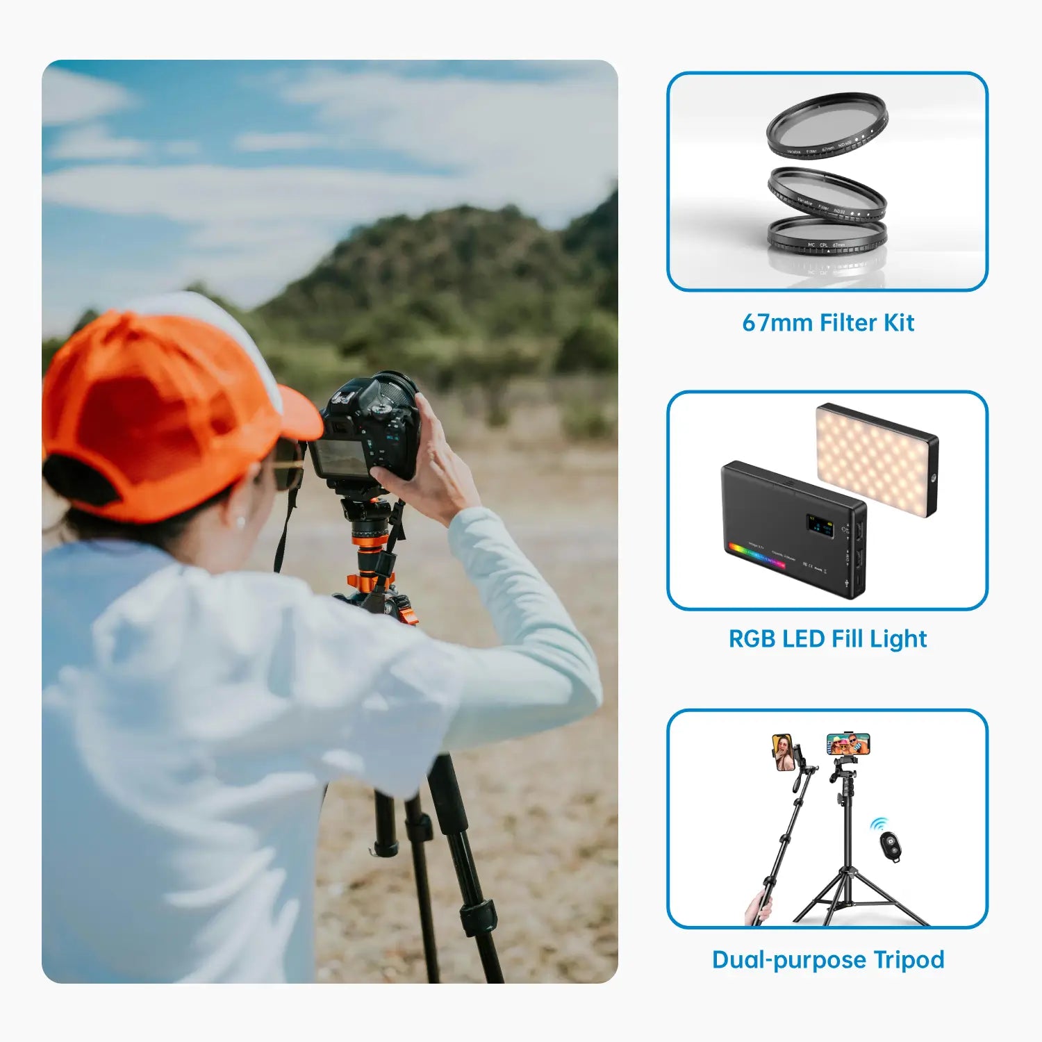 Eine Person fotografiert mit Kameraausrüstung auf einem Stativ, bestehend aus einem 67-mm-Filterset, RGB-LED-Aufhelllicht und dem APEXEL Creator Pro Kit mit Doppelfunktion.