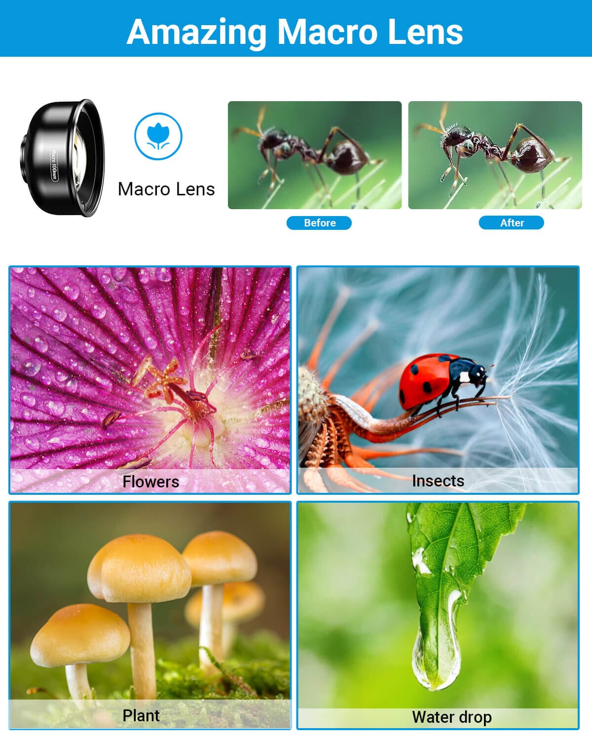 NEW 100mm Macro Phone Lens Kit with Multi-Function Lens Clip APEXEL 