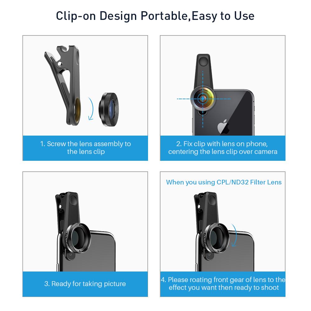 6-in-1 Handy-Kamera-Objektiv-Set, FishEye, Weitwinkel-Makro, CPL/Sternfilter, 2X-Teleskop, APEXEL