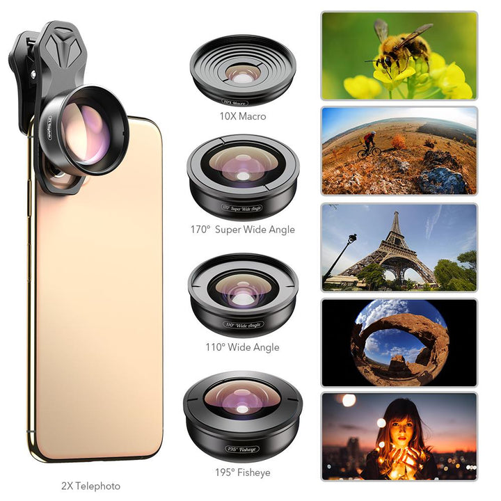 5 i 1 4K HD telefonkamera linsesæt vidvinkel makro telefoto Fisheye APEXEL