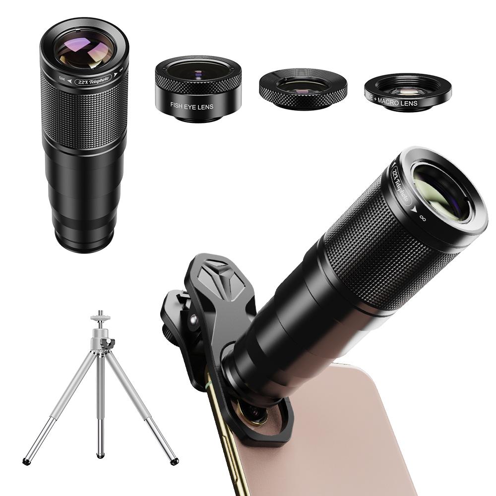 New Top Seller 2020 APEXEL Mobile Camera Lens Universal Clip 22X Optical Zoom Telescope Lens Kit 4in1 With Tripod APEXEL 