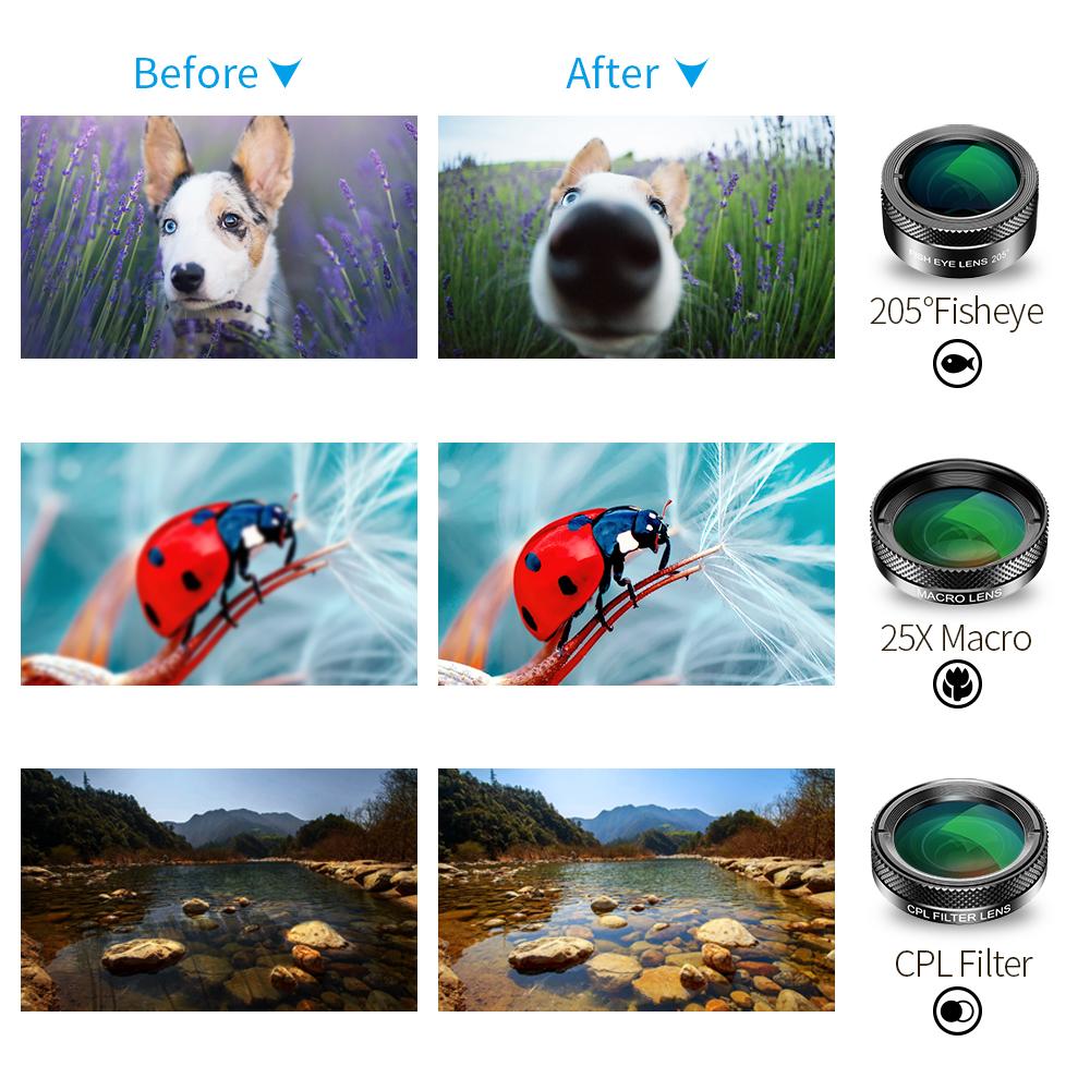 6 in 1 Phone Camera Lens Kit FishEye Wide Angle Macro CPL/Star Filter 2X Telescope APEXEL 