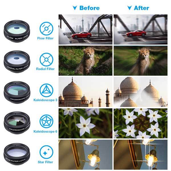 10 in 1 Phone Lens Kits Telephoto Fisheye Wide Angle Macro Kaleidoscope Star Radial CPL Flow Filter APEXEL 