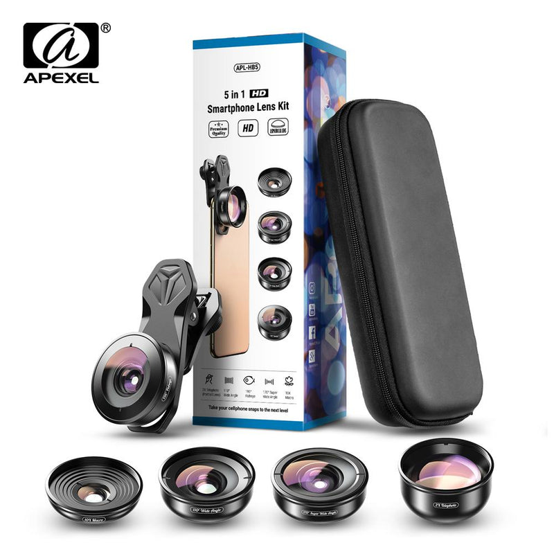 5 in 1 4K HD Phone Camera Lens Kits Wide Angle Macro Telephoto Fisheye APEXEL 