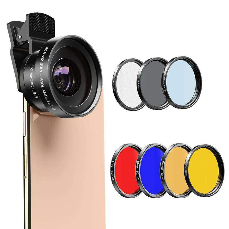 Phone Lens Kits 0.45X Wide Angle Macro 37/52mm CPL ND32 Full Color Filter Mobile Photography Accessories APEXEL 0.45X Wide Angle Macro with 52mm Filter Lens Kit 