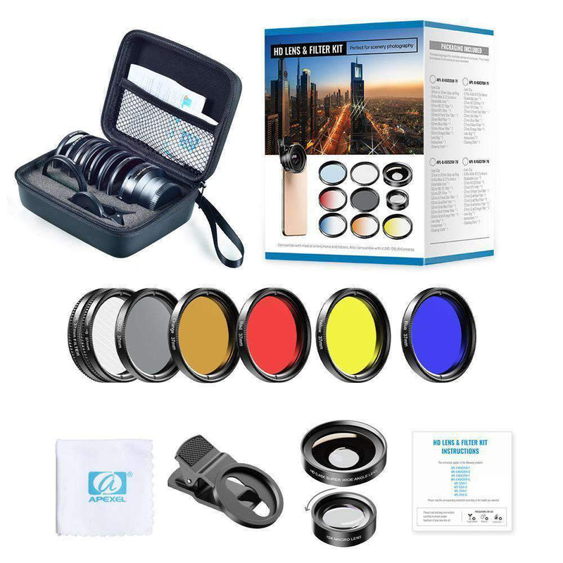 Phone Lens Kits 0.45X Wide Angle Macro 37/52mm CPL ND32 Full Color Filter Mobile Photography Accessories APEXEL 0.45X Wide Angle Macro with 37mm Filter Lens Kit 