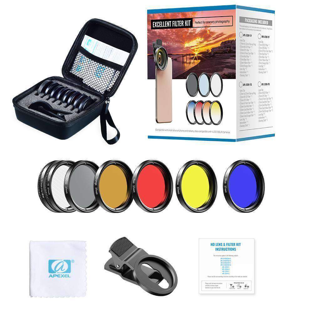 Telefonlinsesæt 0.45X vidvinkelmakro 37/52 mm CPL ND32 Fuldfarvefilter Mobilfotograferingstilbehør APEXEL 37 mm filterobjektivsæt