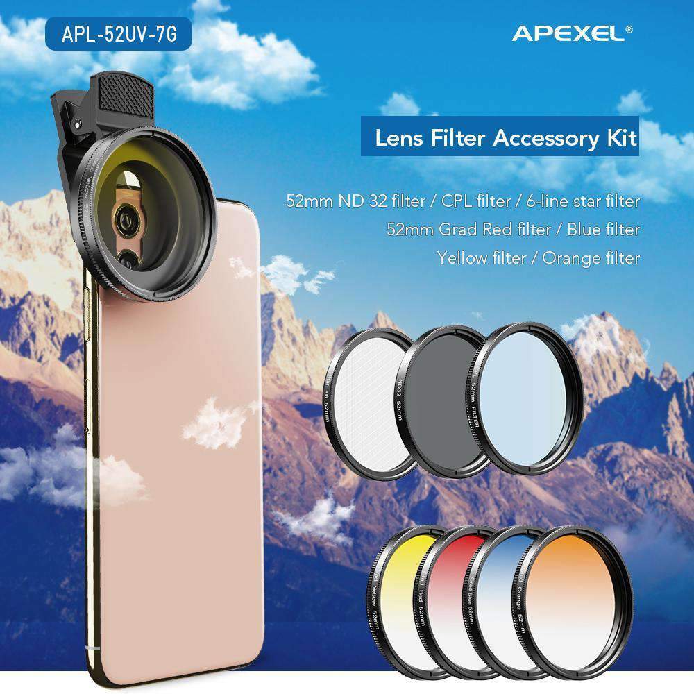 Phone Lens Kits 0.45X Super Wide Angle Macro 37/52mm CPL ND32 Grad Color Filter Mobile Photography Accessories APEXEL 52mm Filter Lens Kits 