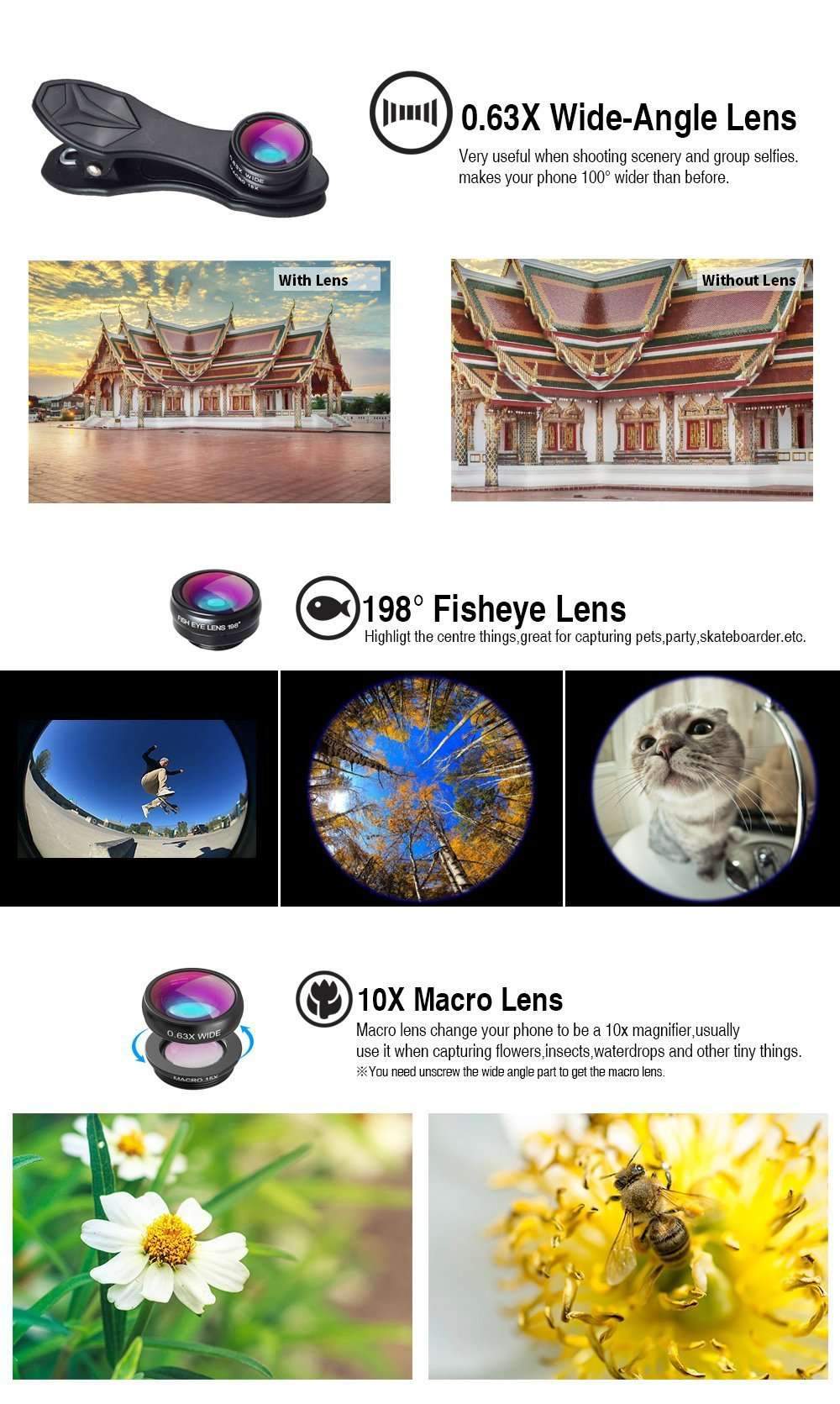 18X Telescope Fisheye Wide Angle Macro 4in1 Lens Kit with Tripod Clip for Phone APEXEL 