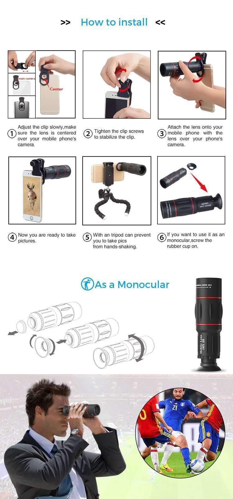 18X Telescope Fisheye Wide Angle Macro 4in1 Lens Kit with Tripod Clip for Phone APEXEL 