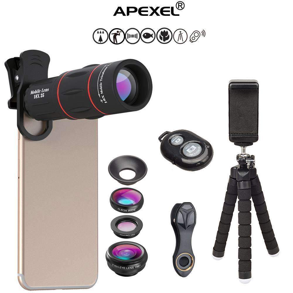 18X Telescope Fisheye Wide Angle Macro 4in1 Lens Kit with Tripod Clip for Phone APEXEL 