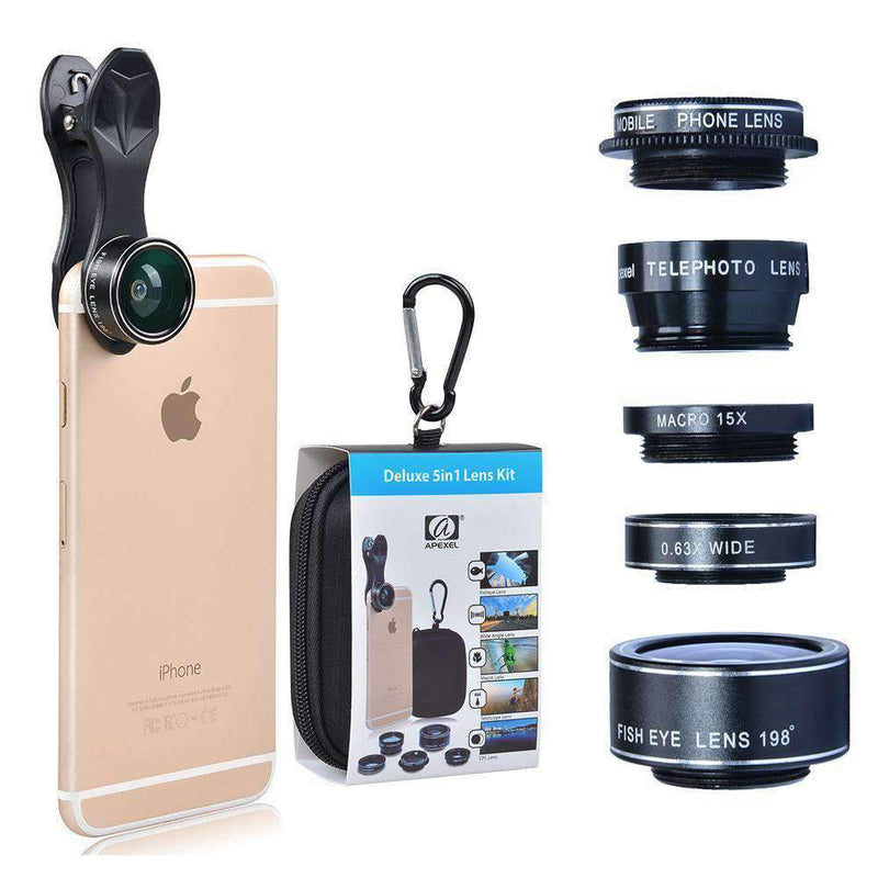5in1 Clip-on Mobile Phone Lens Kits Wide Angle Macro Fisheye Telescope CPL APEXEL 