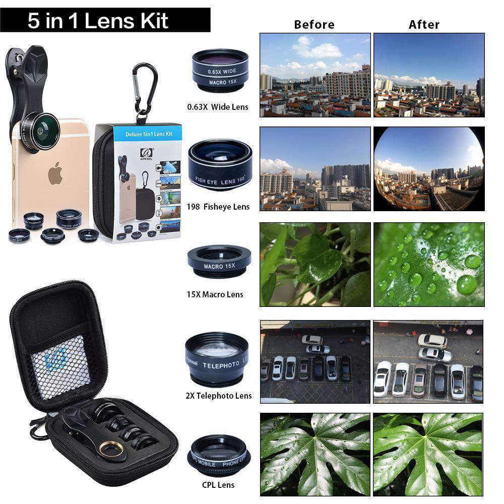 5in1 Clip-on Mobile Phone Lens Kits Wide Angle Macro Fisheye Telescope CPL APEXEL 