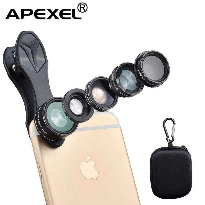 5in1 Clip-on Mobile Phone Lens Kits Wide Angle Macro Fisheye Telescope CPL APEXEL 