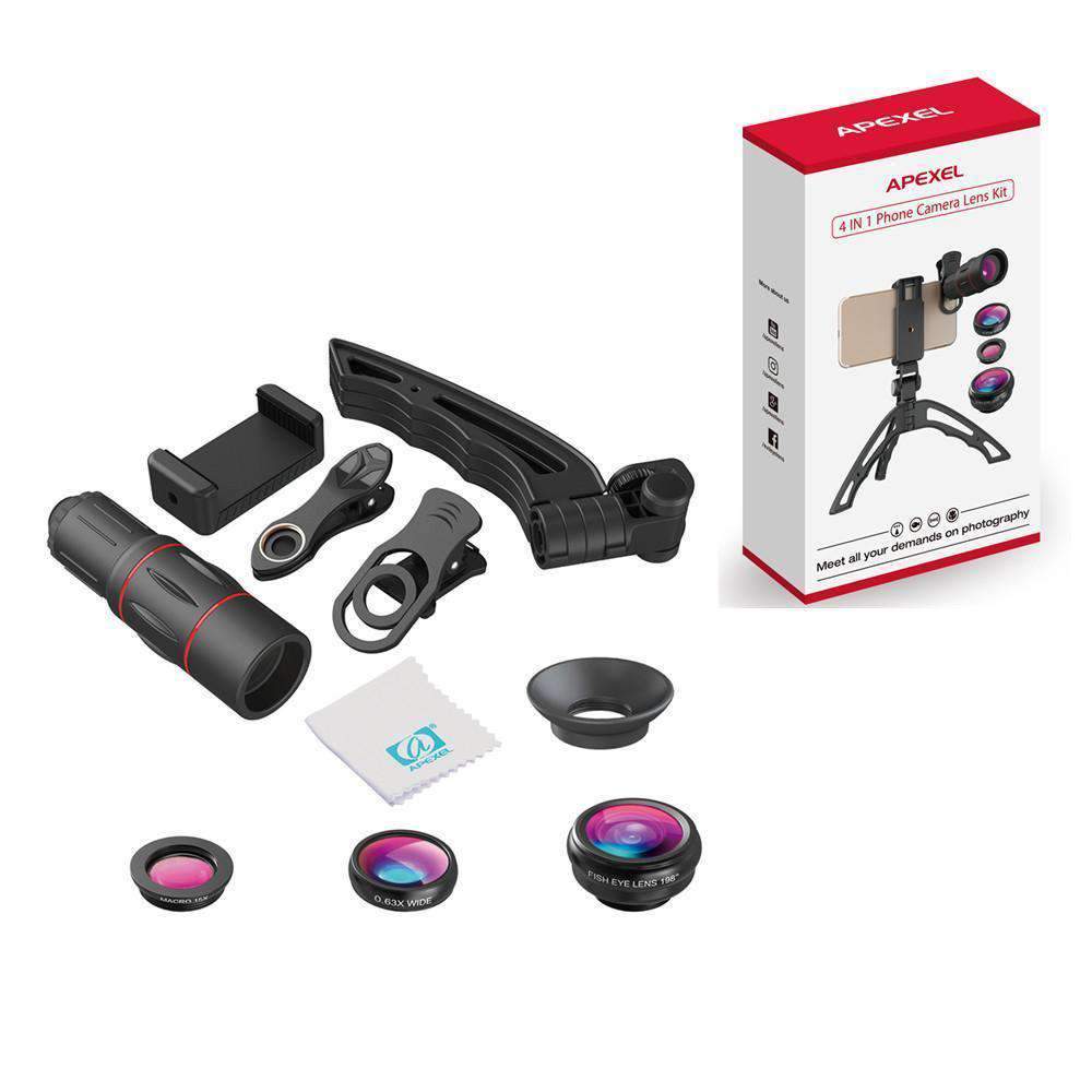 18X Telescope Fisheye Wide Angle Macro 4in1 Lens Kit With Tripod Clip APEXEL 