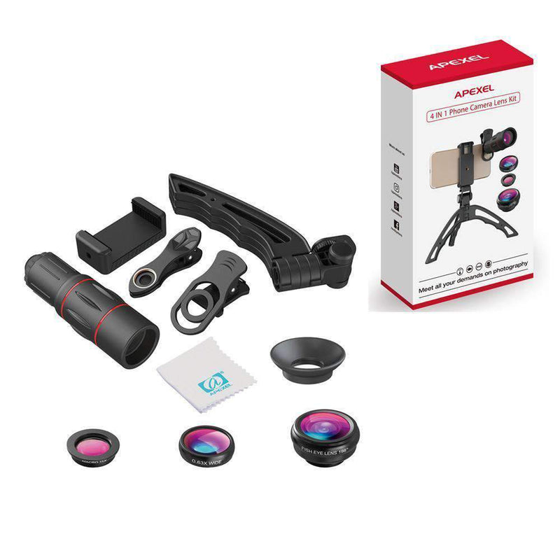 18X Telescope Fisheye Wide Angle Macro 4in1 Lens Kit With Tripod Clip APEXEL 