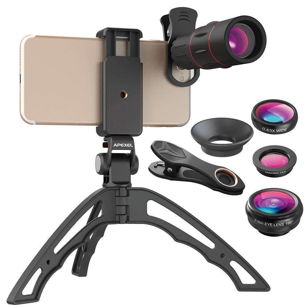 18X Telescope Fisheye Wide Angle Macro 4in1 Lens Kit With Tripod Clip APEXEL Full 18X Lens Kit 