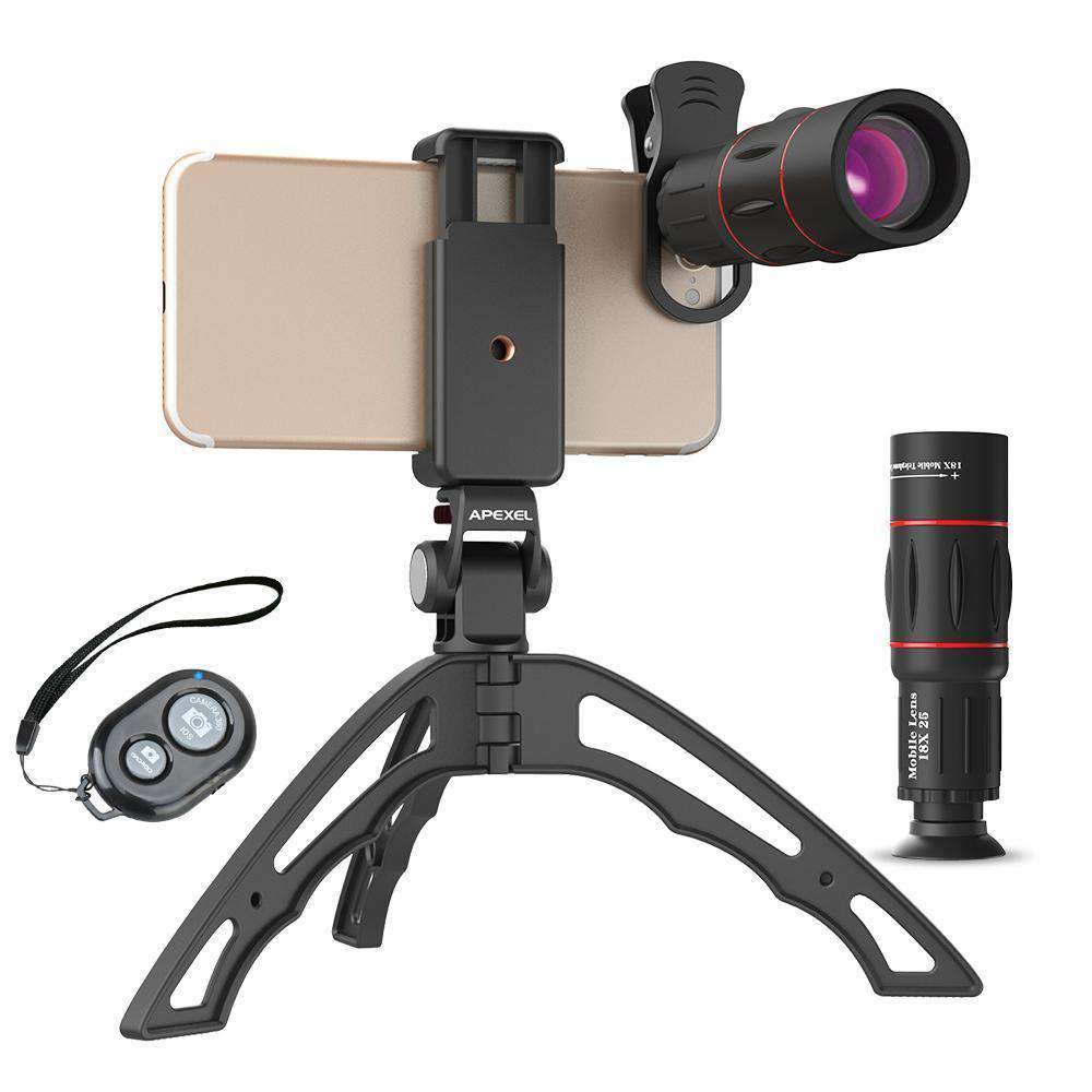 18X Telescope Fisheye Wide Angle Macro 4in1 Lens Kit With Tripod Clip APEXEL Single 18X Lens With Tripod&Remote Shutter 