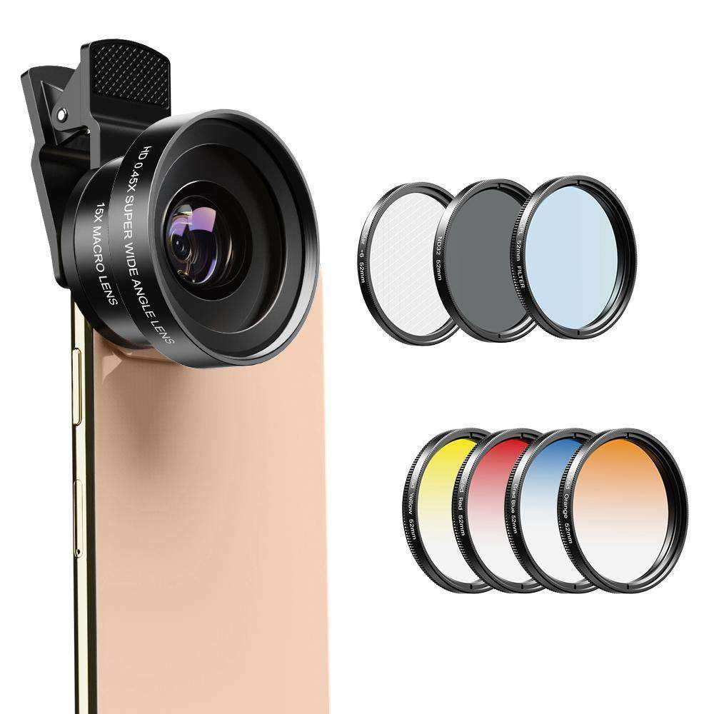 Phone Lens Kits 0.45X Super Wide Angle Macro 37/52mm CPL ND32 Grad Color Filter Mobile Photography Accessories APEXEL 0.45X Wide Angle Macro Lens with 52mm Filter Kit 