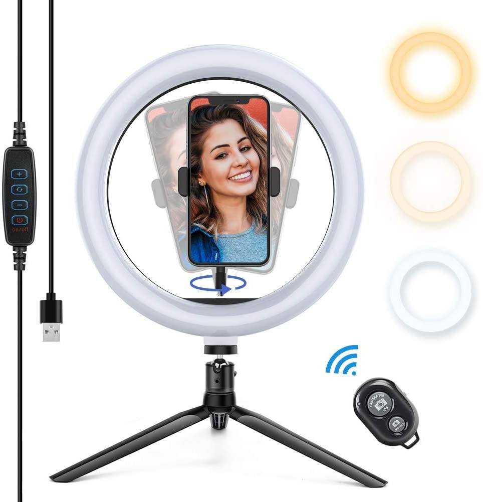 APEXEL 10" 26cm LED Selfie Circle Ring Light with Stand and Phone Holder APEXEL With Tripod&Remote Shutter 