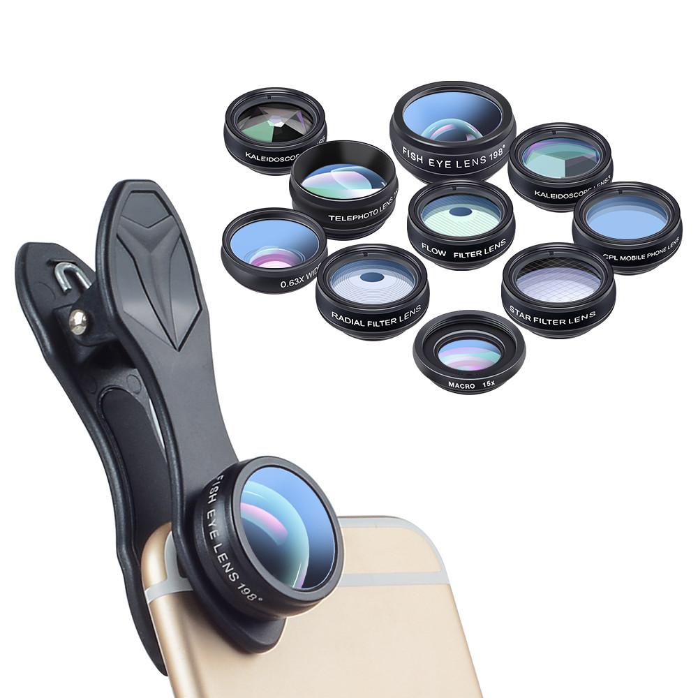 10-in-1-Telefonobjektiv-Kits Teleobjektiv Fisheye Weitwinkel Makro Kaleidoskop Star Radial CPL Flow Filter APEXEL