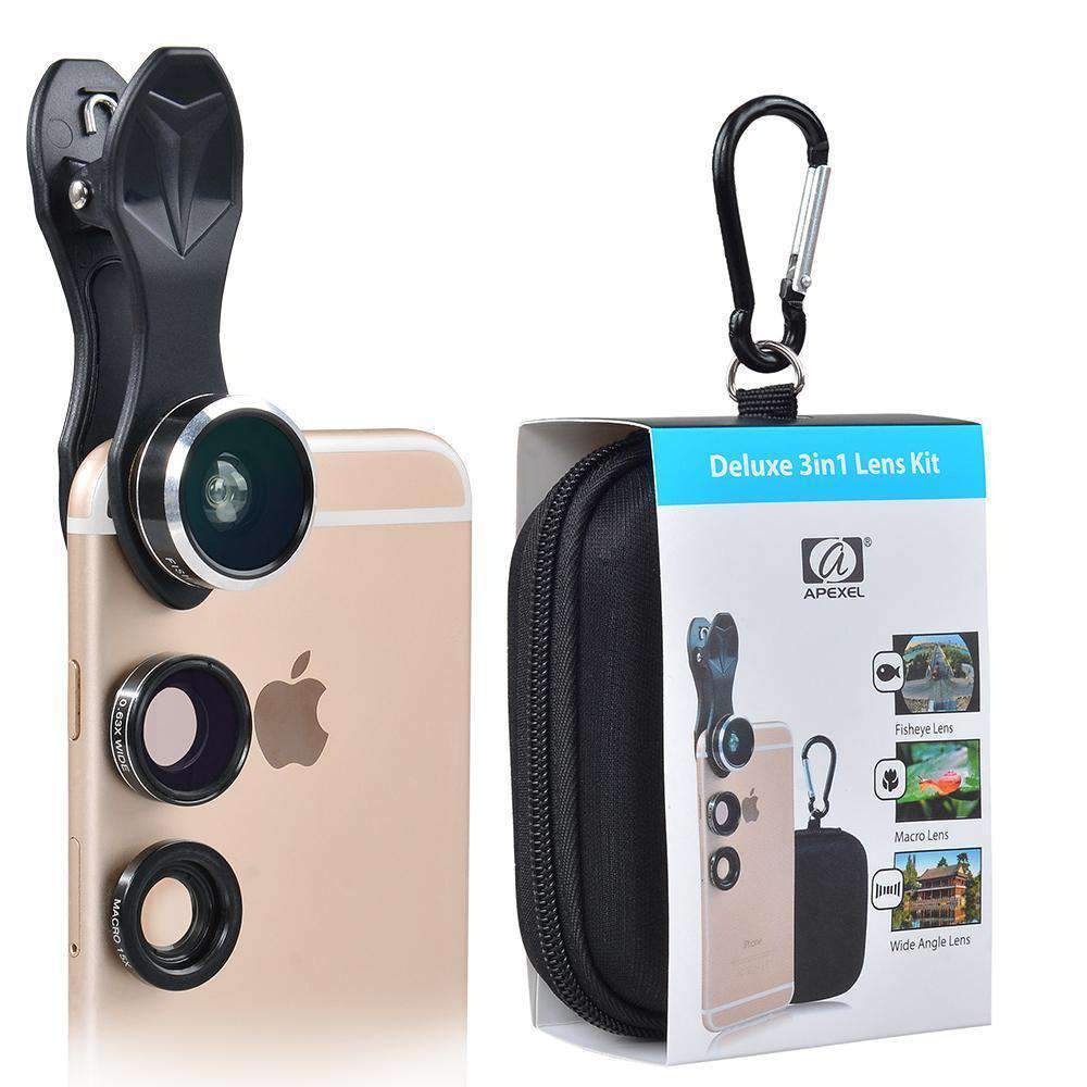 3in1 Phone Camera Lens Kits Fisheye Wide Angle Macro with Universal Clip APEXEL 
