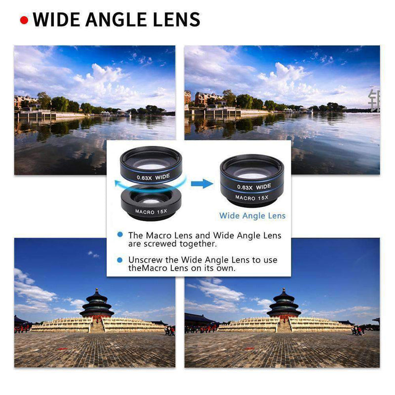3in1 Phone Camera Lens Kits Fisheye Wide Angle Macro with Universal Clip APEXEL 