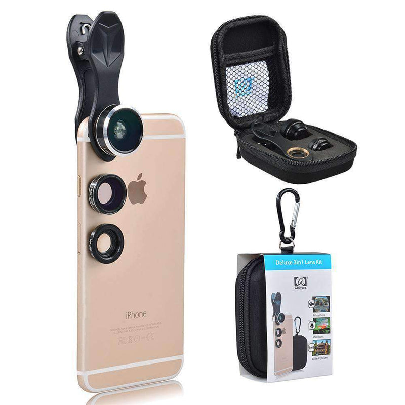 3in1 Phone Camera Lens Kits Fisheye Wide Angle Macro with Universal Clip APEXEL 