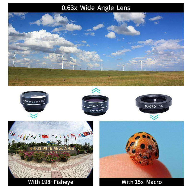3in1 Phone Camera Lens Kits Fisheye Wide Angle Macro with Universal Clip APEXEL 